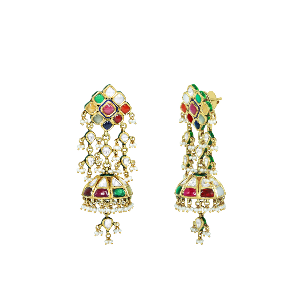 Navratan Jhumki Earrings with Polki, Navratan Gems, and Pearl Drops
